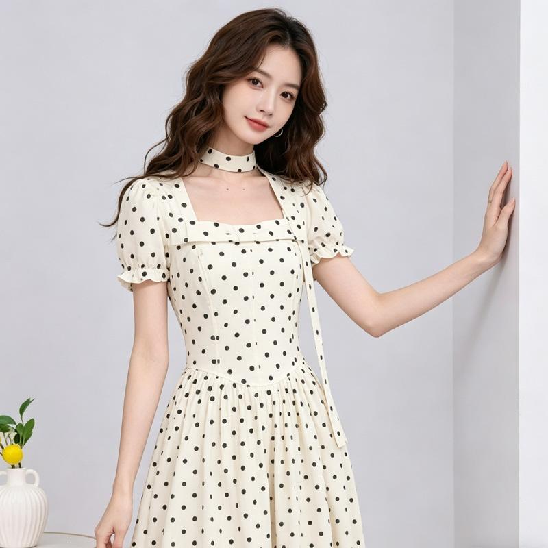 Summer new A-shaped skirt, soft French square collar polka dot dress, long dress, thin, sweet girl style long skirt