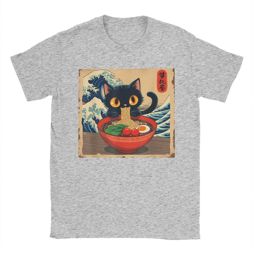 Men T-Shirt Japanese Black Cat Ramen Creative 100% Cotton Tee Shirt Short Sleeve Kawaii Noodle Cat T Shirt Round Neck