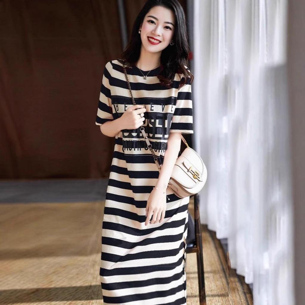 2025 Summer Korean Style Mid-Length Striped T-Shirt Dress for Women - Loose, Slimming, Short Sleeve, Versatile Fashion