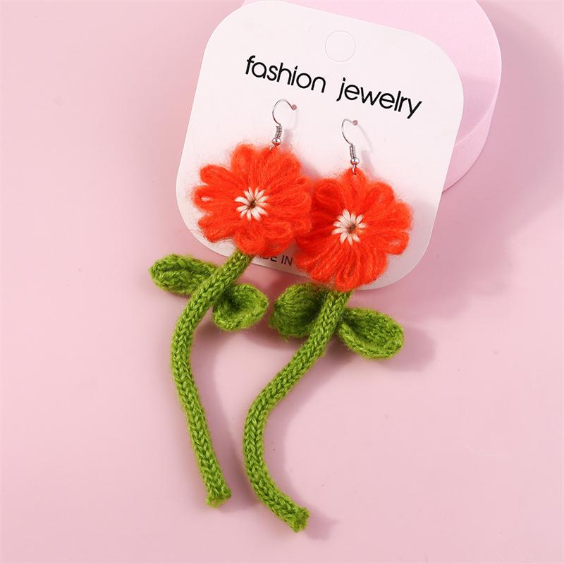 Fashion Colorful Flower Drop Earrings for Women Handmade Knitted Flower Dangle Hooks Earrings Girls Party Holiday Jewelry Gifts
