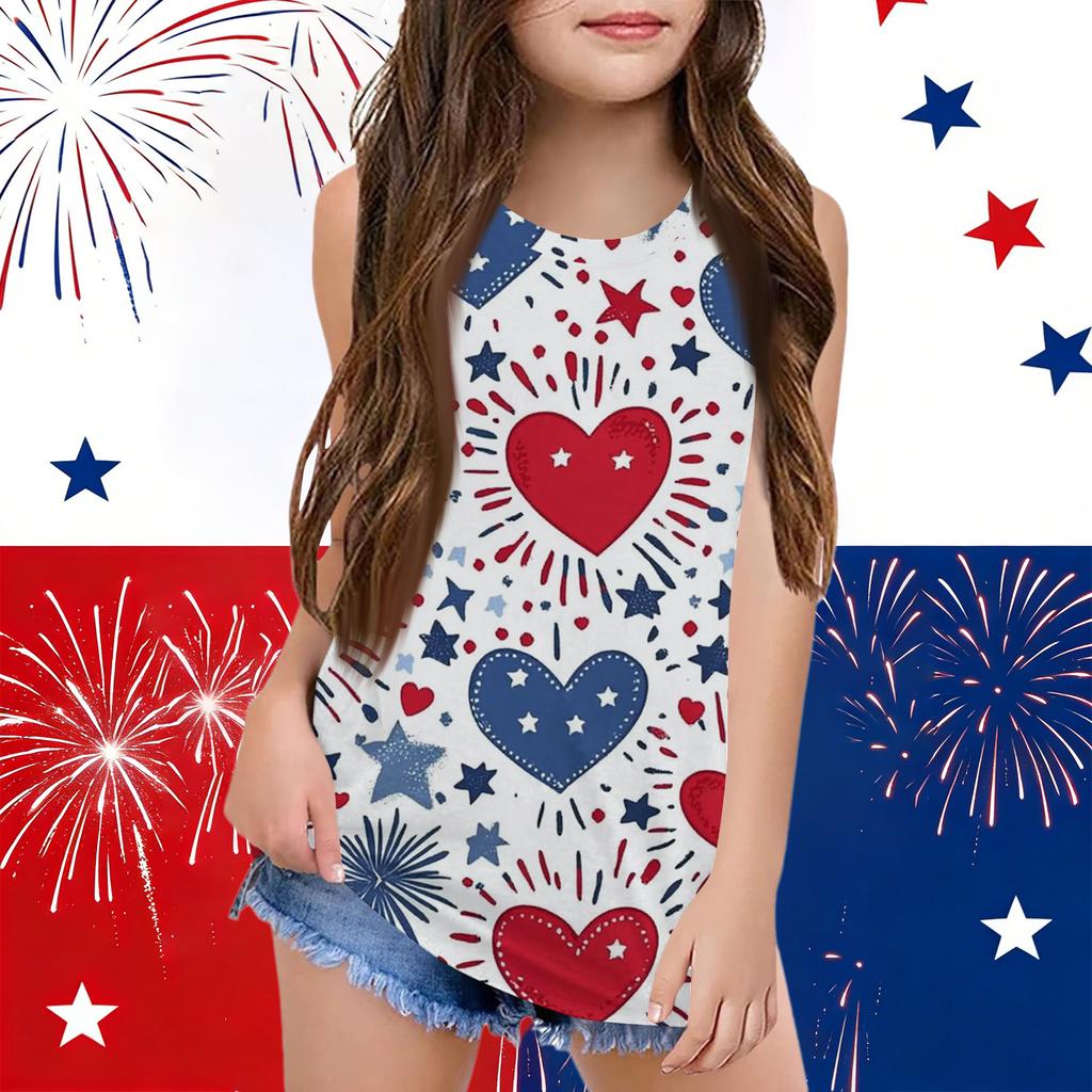 Girls  Kids Summer Crewneck Sleeveless Shirts Tank Tops Independence Day