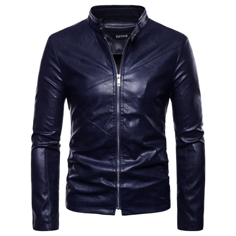 Nová kožená bunda Lapel Pánská PU bunda Trim Límec Zip Cardigan Jednobarevná bunda Kožená Pánská