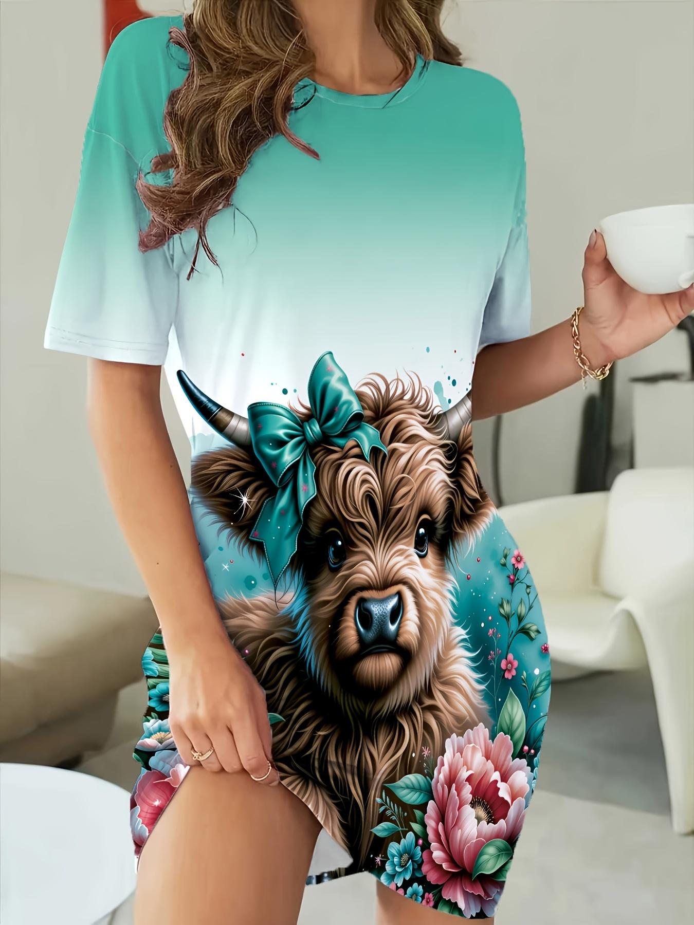 Women S Cartoon Cow And Floral Patterned Printed Dress S дубильная кора