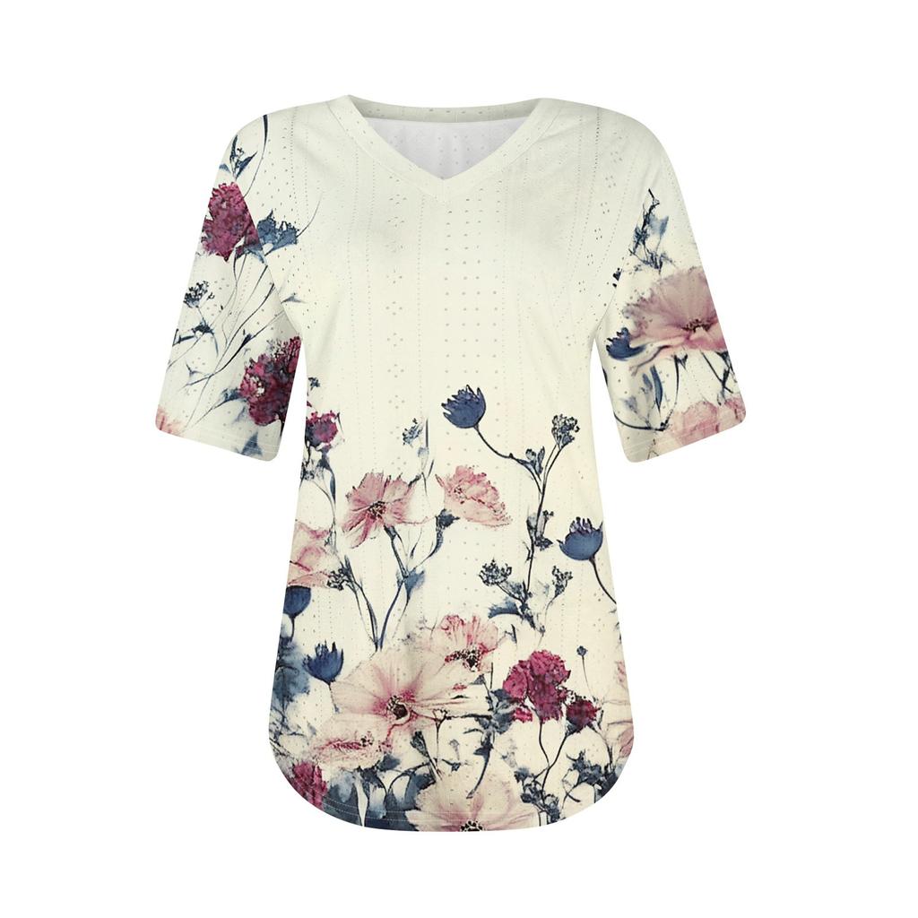 Womens T Shirts V Neck Short Sleeve Casual Tops Loose Fit Basic Tees With Curved Hem