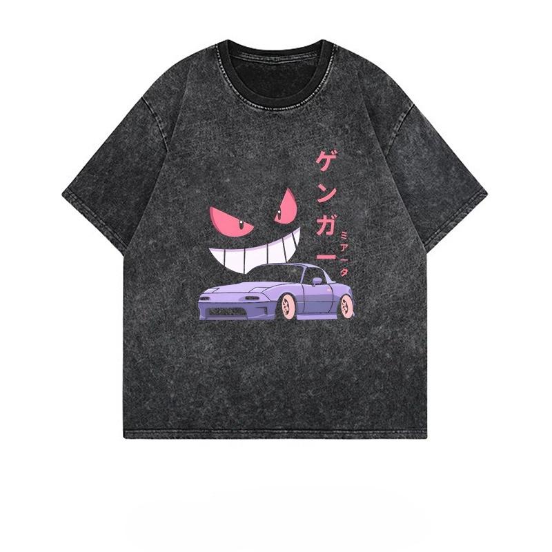 Summer Gengar Pokemon Anime Men's T Shirt Print Vintage Washed Short-sleeved Tee Women's Oversized Gym Y2k Clothes