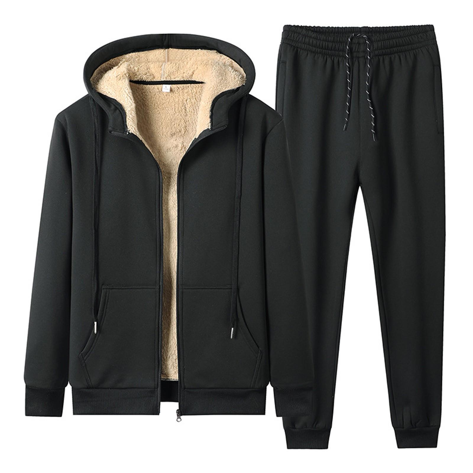 

Men s Thermal Fleece Pockets Thickened Fleece Lined Casual Sports Pants+Hoodie Coat Suit L чорний