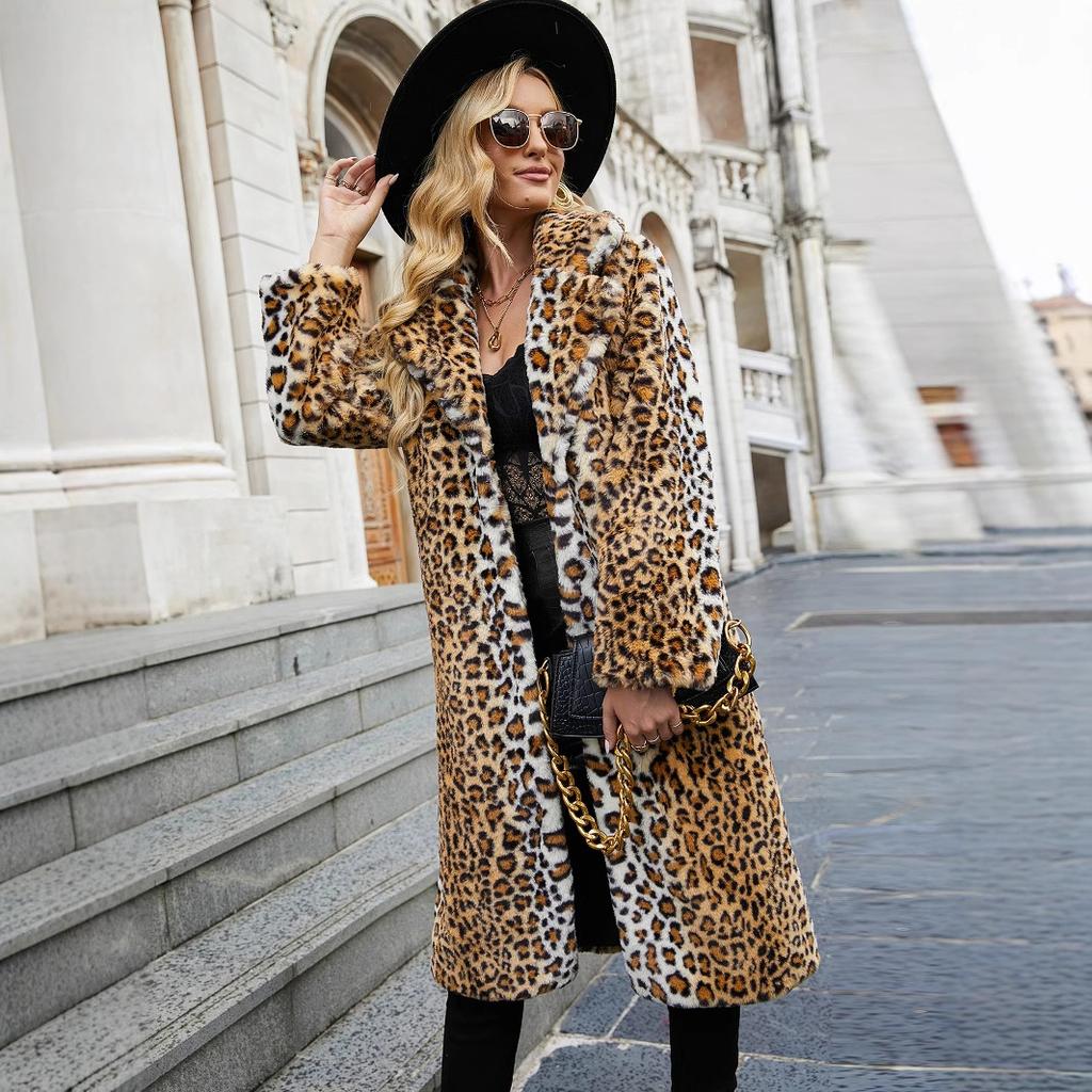 Ladies' New Autumn And Winter Leopard Print Suit Collar Mid To Long Imitation Fur Jacket Warm Coat