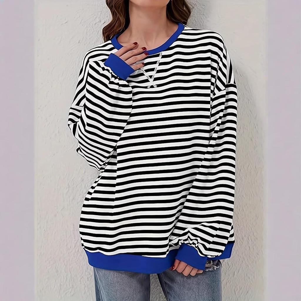 Women's Simple Home Casual Striped Pattern Round Neck Trendy Long-sleeved Pullover Color Block T-shirt
