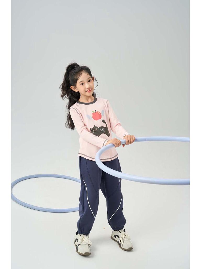 Autumn Kids' Color Block Cartoon Linen T-Shirt - Boys & Girls Long Sleeve Crew Neck