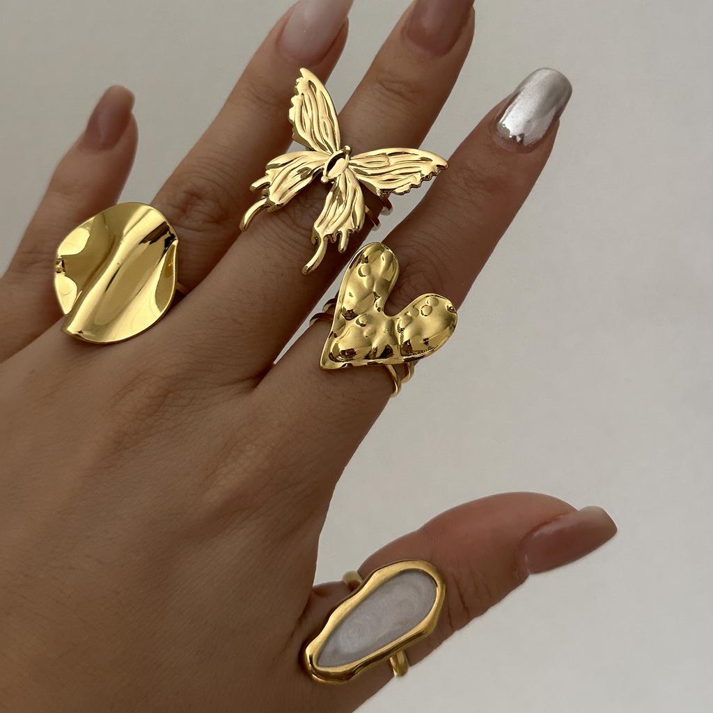 Stainless Steel Gold Plated Rings For Women Hammered Textured Love Heart Butterfly Irregular Wide Open Finger Ring Boho Jewelry