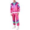 Womens 80s Theme Party Tracksuit Color Block Satin Sports Set Stand Collar Long Sleeve Zipper Jacket Drawstring Sweatpants