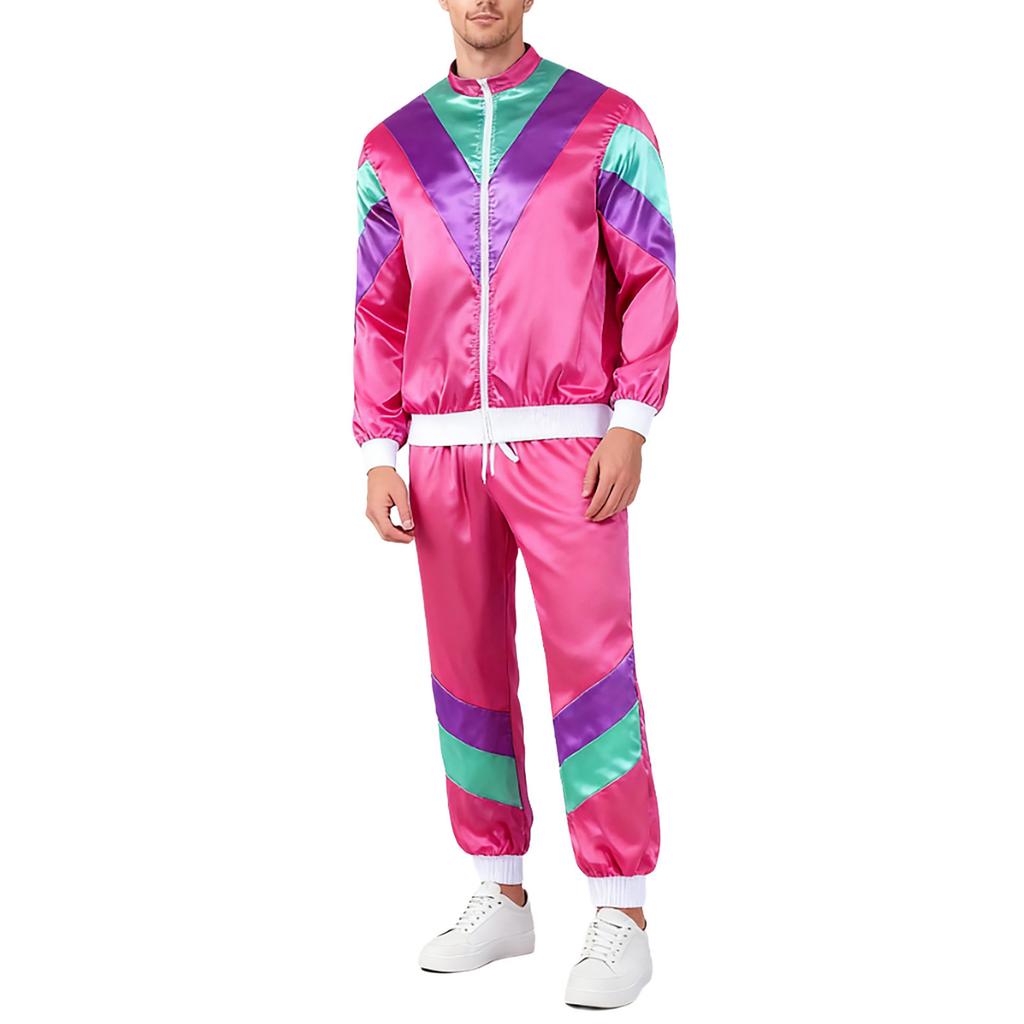 Womens 80s Theme Party Tracksuit Color Block Satin Sports Set Stand Collar Long Sleeve Zipper Jacket Drawstring Sweatpants