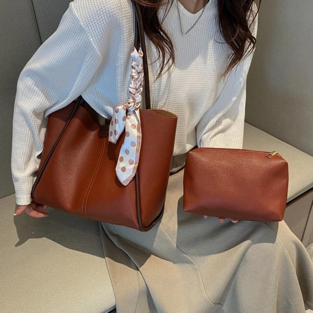 Tote Bag Silk Scarf Straps Handbag Large Capacity PU Underarm Bag Women PU Shoulder Bag  Lady