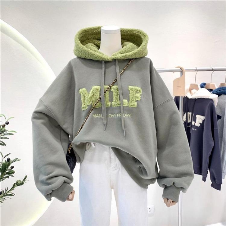 Thickened Padded Women's Loose Hooded Sweatshirt Faux Lamb Flannel Patchwork Clothing