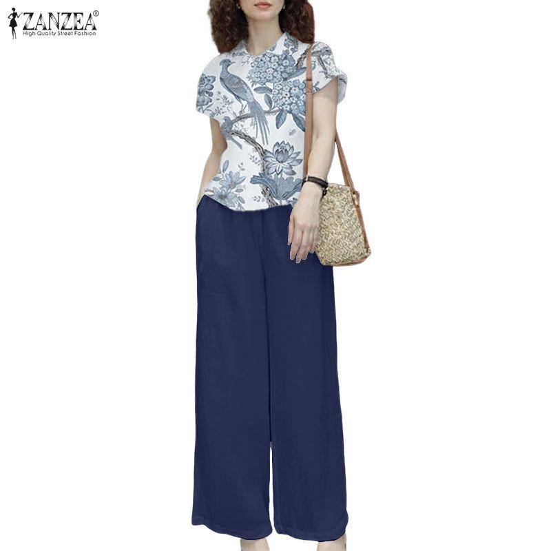ZANZEA Women Short Sleeve Print Blouse and Long Pants Casual Two Piece Suit Sets