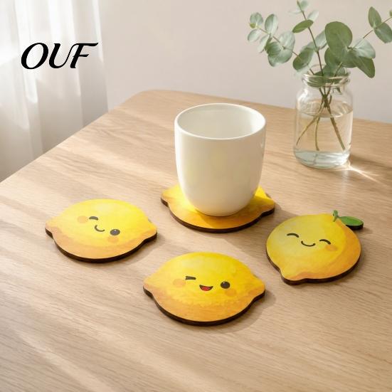 Decorative Kitchen Table Accessories 4PCS Cute Lemon Shape Wooden Coasters, Non-slip Heat Insulation Pads, Resistant Drink Mats Tableware for