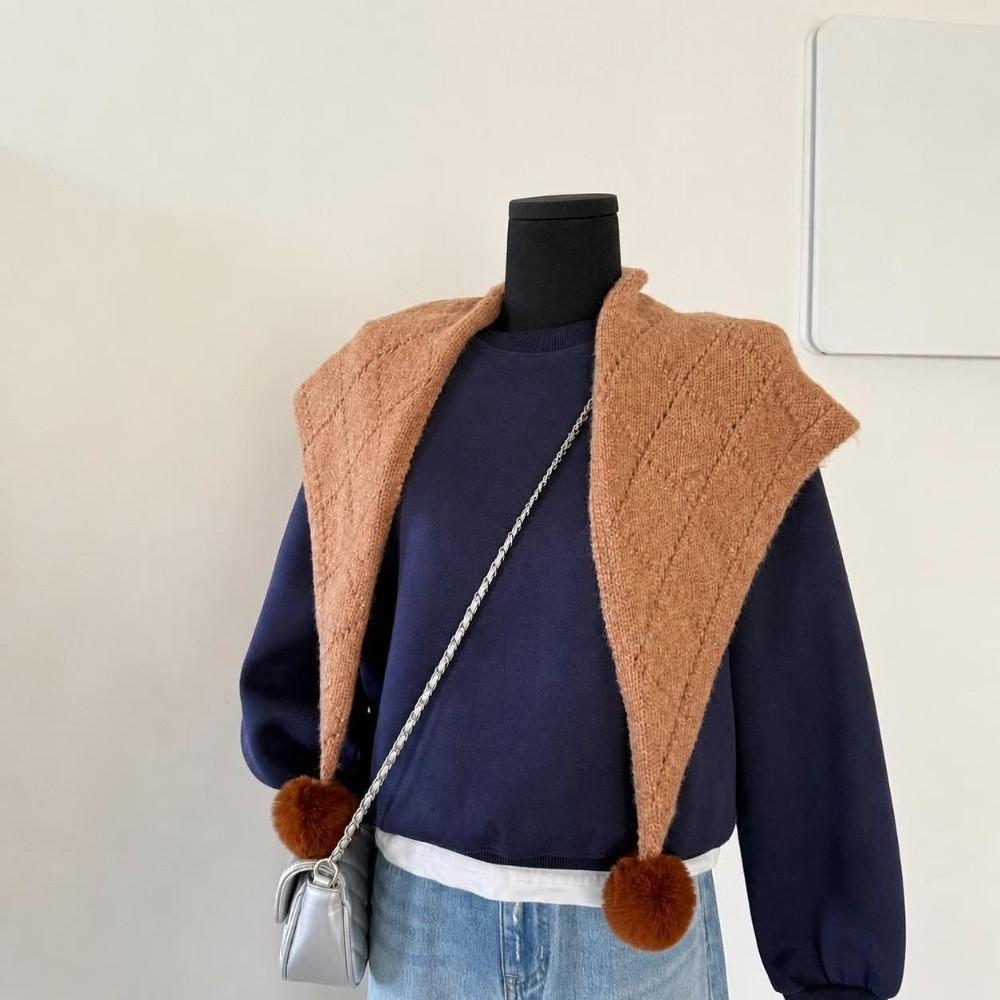 Soft Knitted Triangle Shawl with Pom Poms Yarn Shoulder Wrap Winter Neck Scarf  Daily Casual Wear