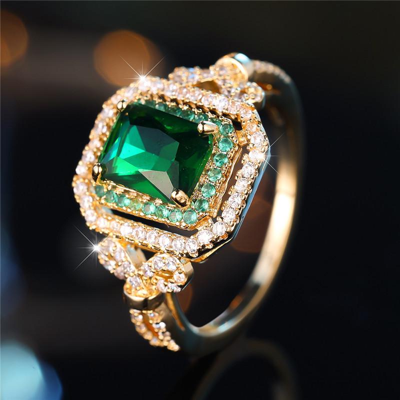 Cute Female Green Zircon Stone Engagement Ring Vintage Yellow Gold Color Wedding Jewelry For Women