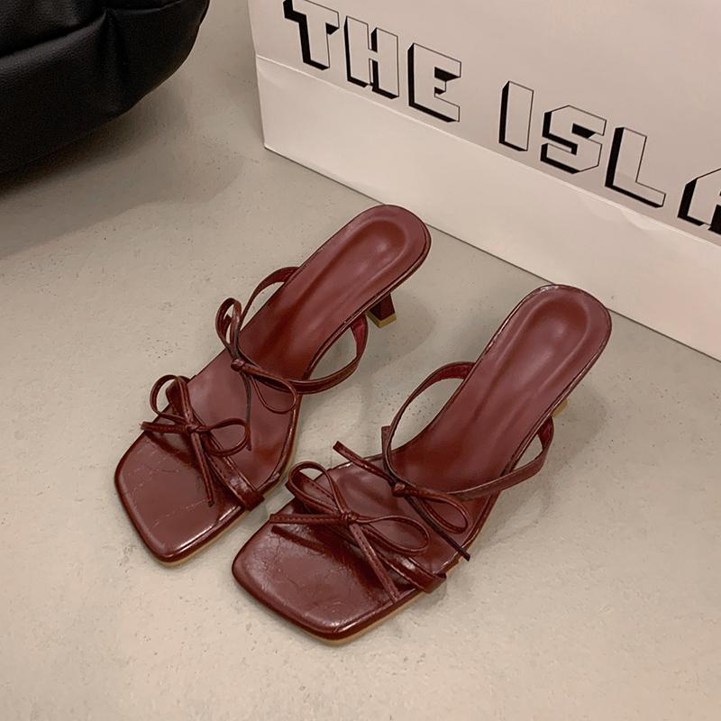 

Fashion New Elegant Bowknot High Heels Sandals Women Square Toe Design Thin Heels Slippers Woman Fashion Slip On Party Shoes Female 42 вино красного