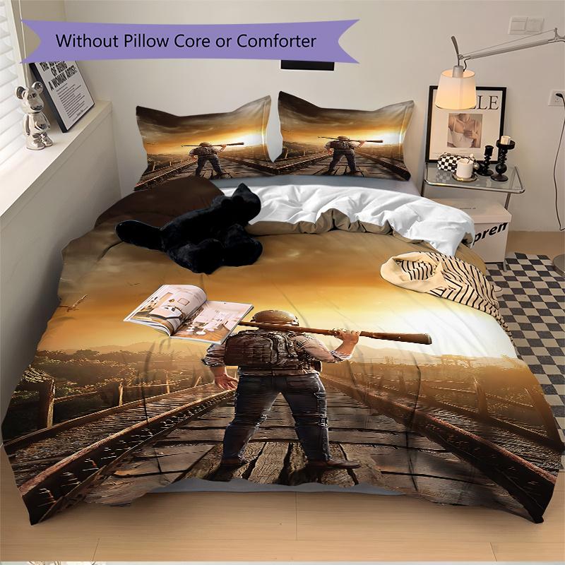 3pcs PUBG Home Decor Bedding Set-Rustic Soldier with Rifle Print-Universal Three-Piece Suit for Bedroom, Guest Room, Living Room, Hotel-Perf