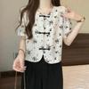 New Chinese Style Floral Short-sleeved Shirt for Women in Summer Slit Short Chiffon Top
