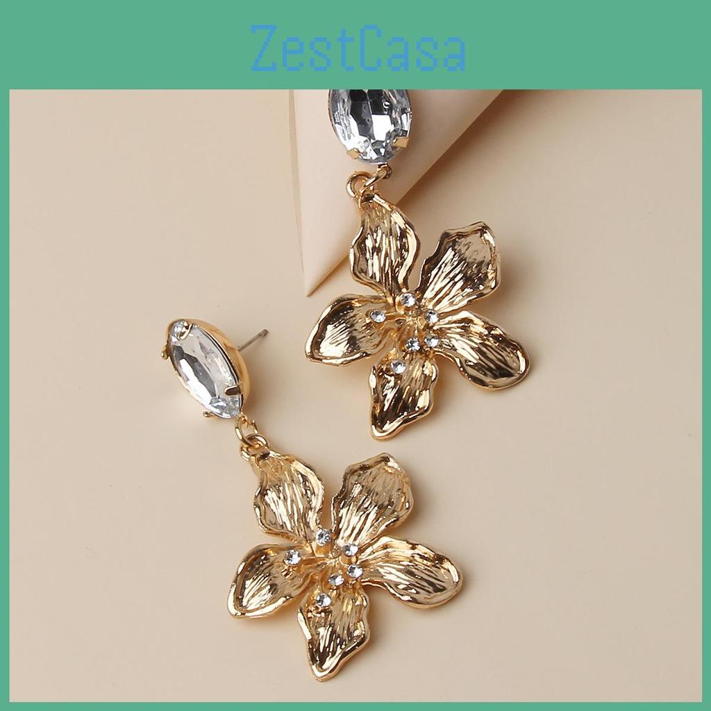 Flower Metallic Gold Earrings With Decorative Stones For Fashion And Celebration