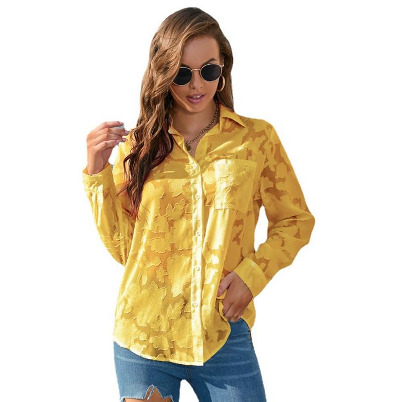 Women's Lapel Jacquard Cardigan Button Shirt Slightly Transparent Top