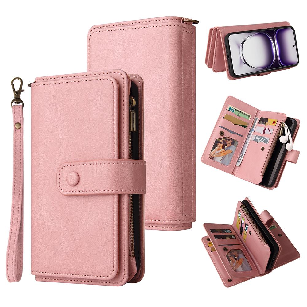 For Oppo Reno12 5G (Global) Zipper Wallet Case with 15 Card Slots and Strap Leather Phone Cover