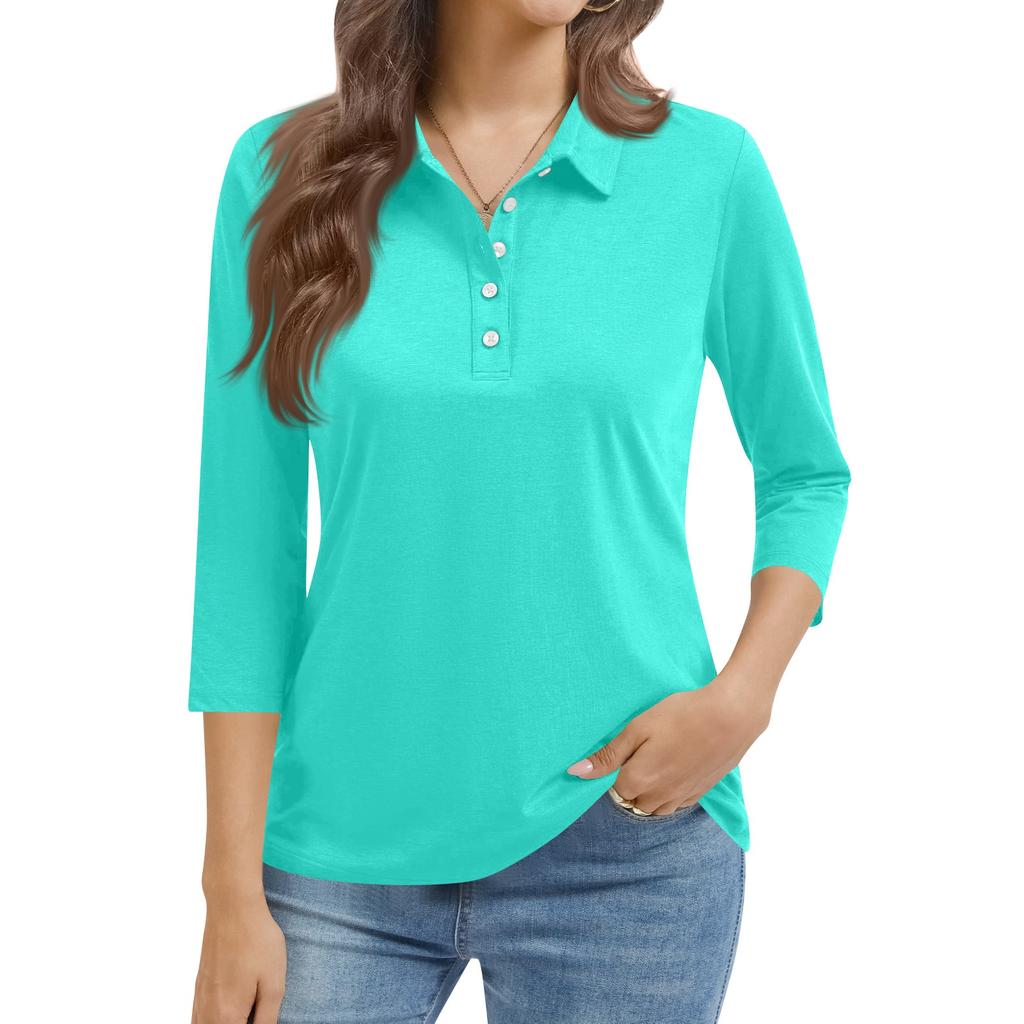 Women's Fashion Casual Lapel Short 3/4 Sleeve Color Shirt Women's Button Up Tops