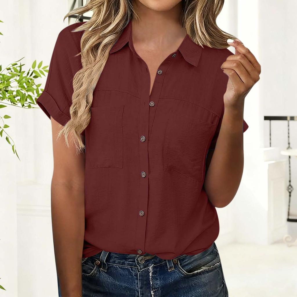 Modisches Damen-Hemd mit farbigem Kragen, kurzen Ärmeln, Knöpfen, Tasche, lässig und locker
