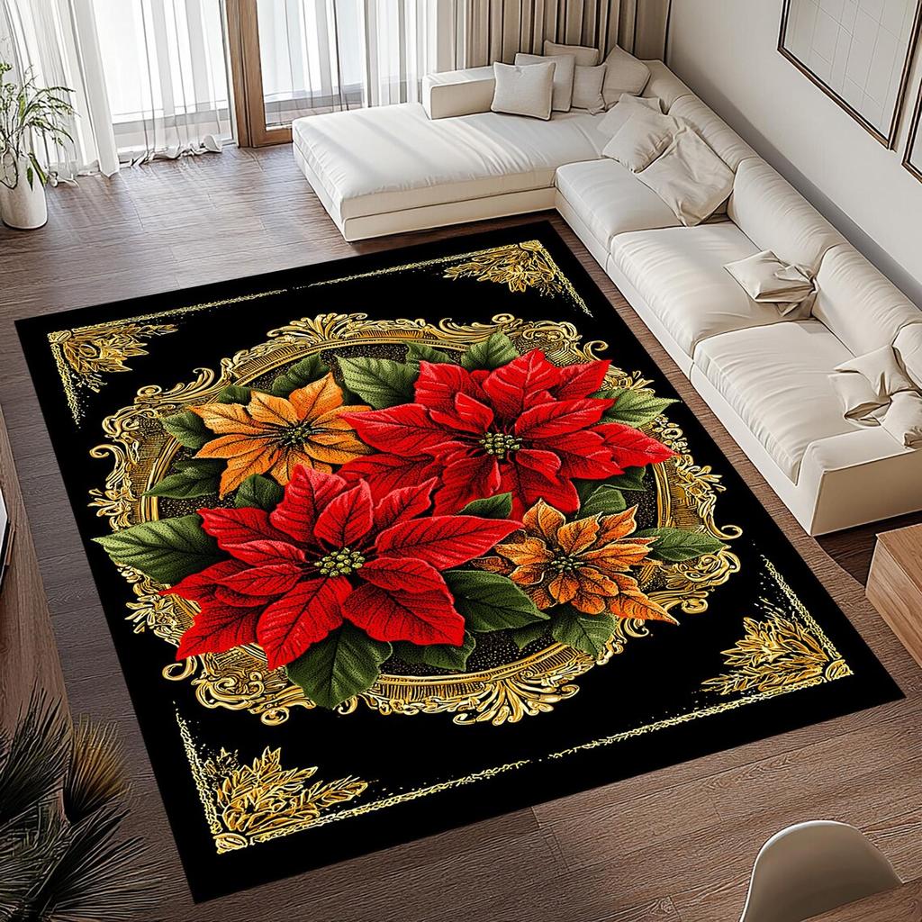 Christmas Poinsettia Flower Rug Anti-slip Floor Mat Suitable for Living Room Bedroom and Home Decoration