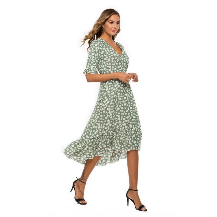 Summer Women Chiffon Wrap Dress V Neck Short Sleeve Long Print Dresses Ruffled Hem Sizes S XXL