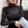 Women's Lace Mesh Turtleneck Top Long Sleeved Slim Fit Autumn Winter