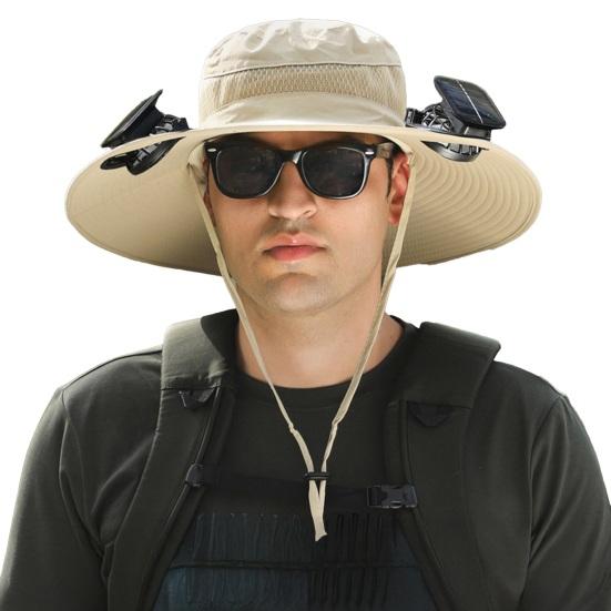 Fisherman Hat with Dual Brushless Cooling Forehead Neck Solar Fans UPF50 Anti-UV Fabric Wide Brim Adjustable