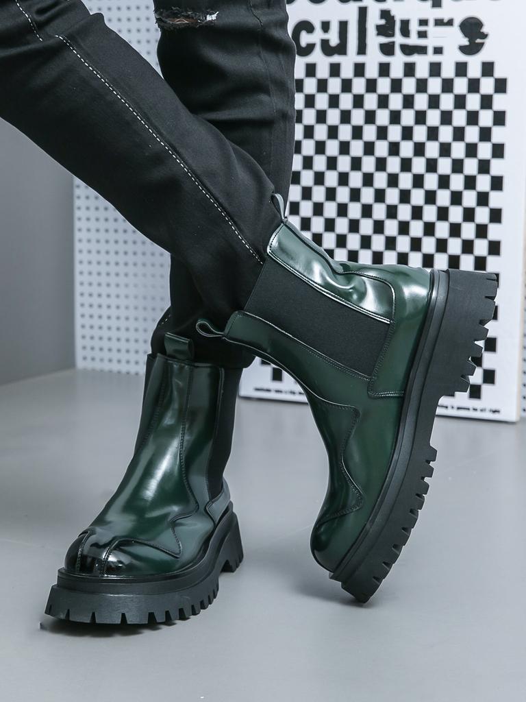 Men’s Chelsea Thick Sole Platform Punk Green Leather Boots Elevator Street Style Big Head Motorcycle Boots High Boots Plus Size