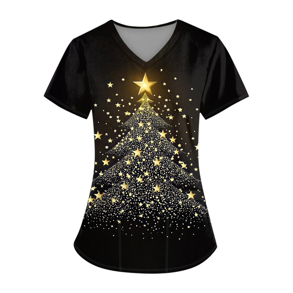 Hauts d'uniforme de travail imprimés grande taille pour femmes, col en V croisé, imprimé Halloween, manches courtes, t-shirts amusants, t-shirts de travail avec poches