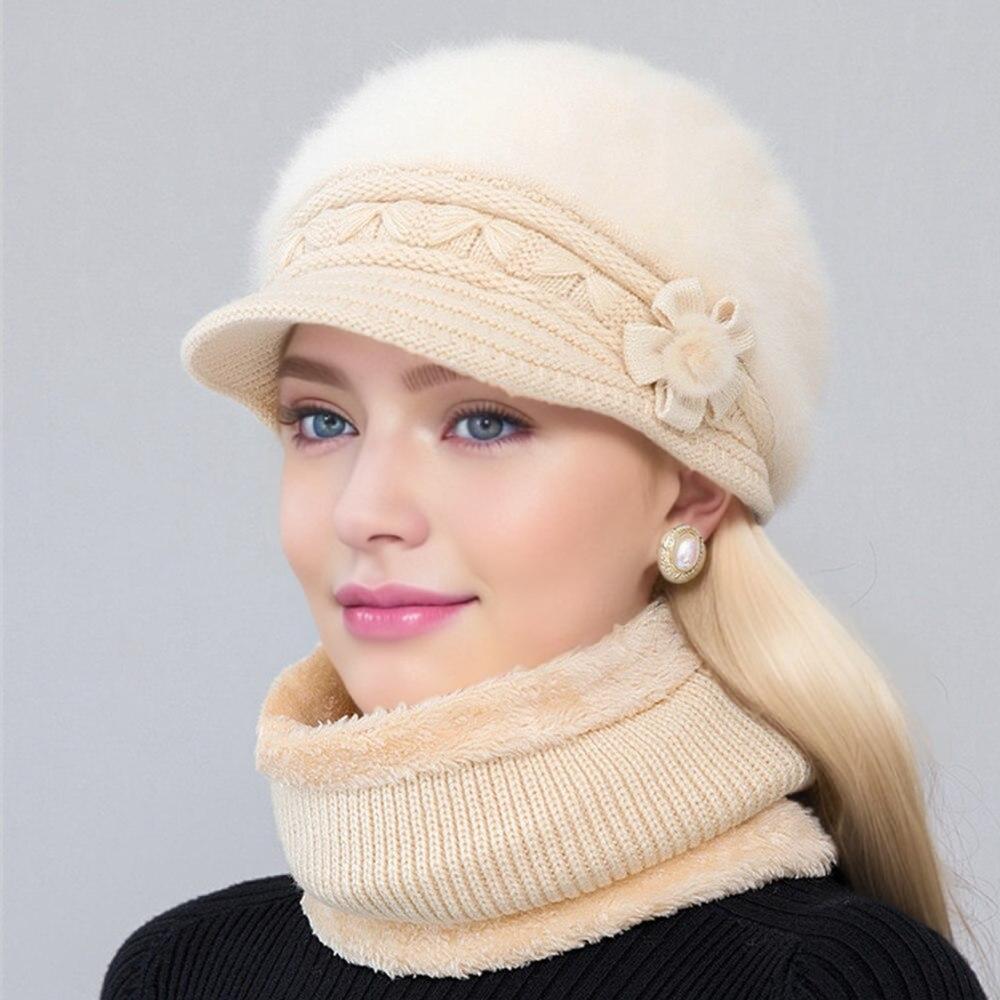 Nuove donne cappello invernale tenere in caldo berretto aggiungere cappello foderato in pelliccia e sciarpa set cappelli caldi per donna casual pelliccia di coniglio cappello invernale lavorato a maglia