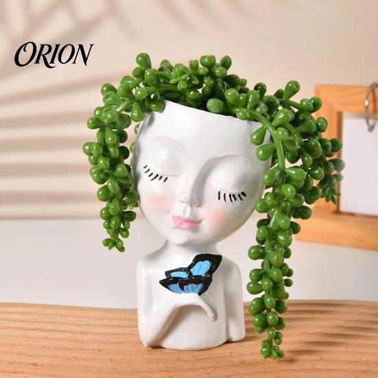 Makeup Brush Holder Creative Resin Girl Portrait Flowerpot for Green Plants Succulents, Holder, Multifunctional Head Vase Vase, Decorative Desktop