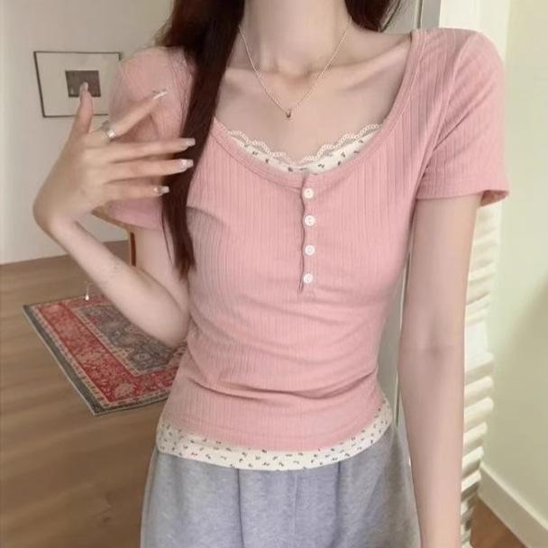 Korean Y2K Lace Faux Two-Piece Short Sleeve Women's Slim Top