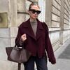 Women French Style Thick Loose Brown Double Breasted Woolen Commute Coat