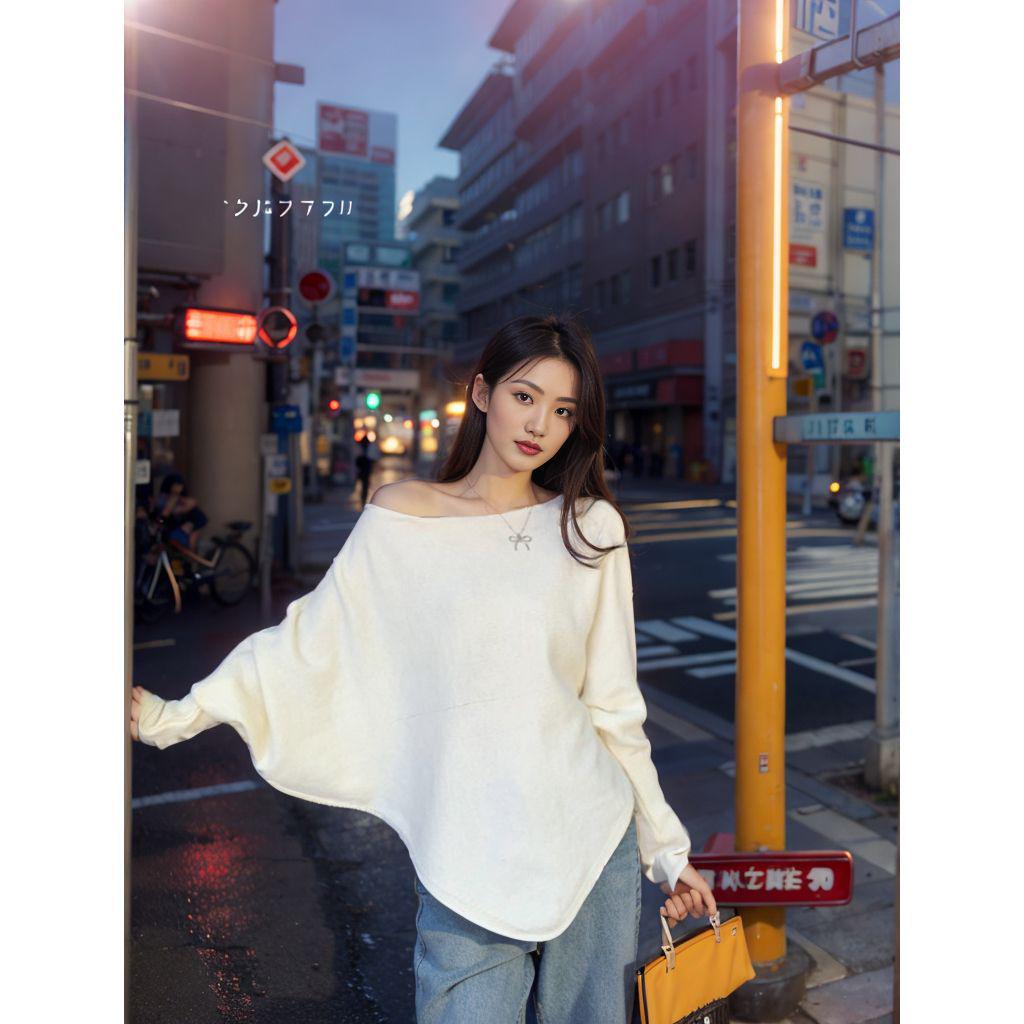 One-Shoulder Batwing Sleeve Sweater - Women s Casual Loose Fit for Spring and Autumn One Size