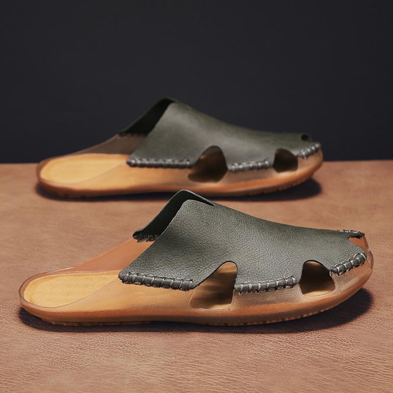 Fashion Men's Big Size Handmade Premium Leather Closed-Toe Sandals Summer Breathable Comfortable Flats Outdoor Daily Slippers Male Shoes