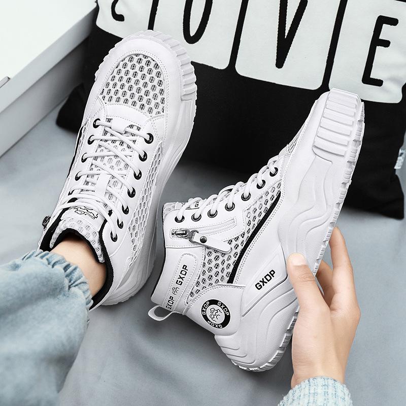 

Little white shoes summer mesh hollow breathable casual men s shoes youth thick sole heightening advanced sense high top trendy shoes 39