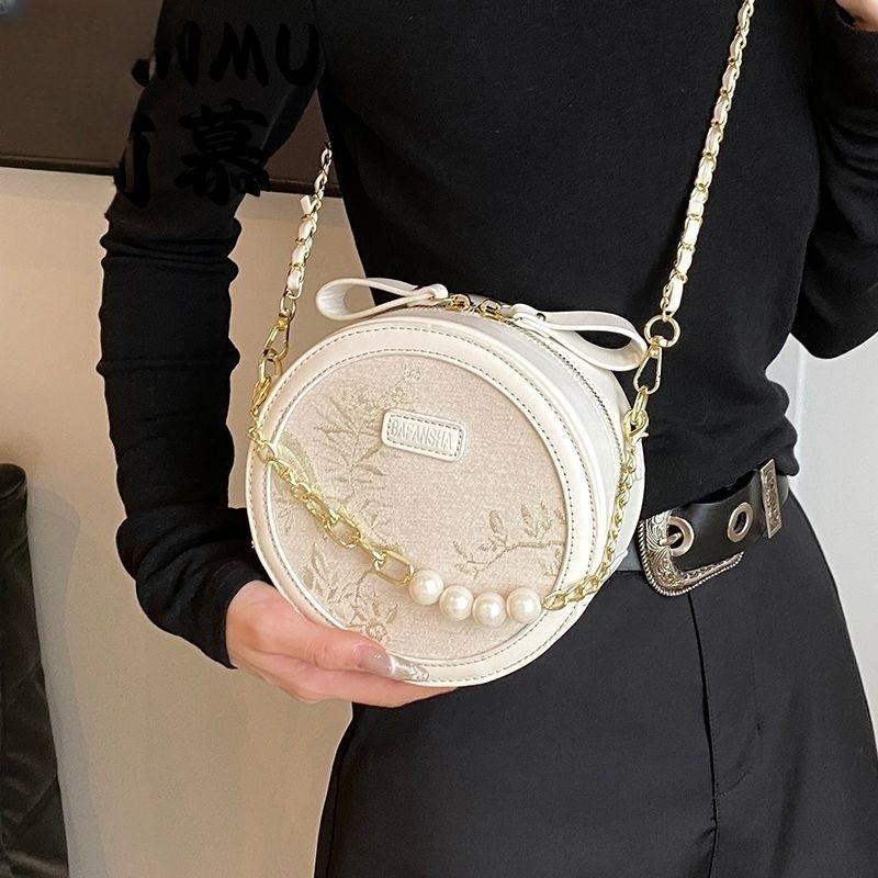Retro Beige Embroidery Shoulder Bags Women Beaded Chain Round Leather Crossbody Bag Ladies Elegant Premium Luxury Design Bag New