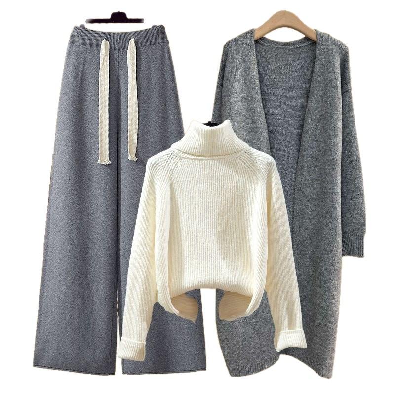 Women's Autumn 2024 Three-Piece Set: Mid-Length Cardigan Jacket, High-Neck Sweater, and Slim Wide-Leg Pants