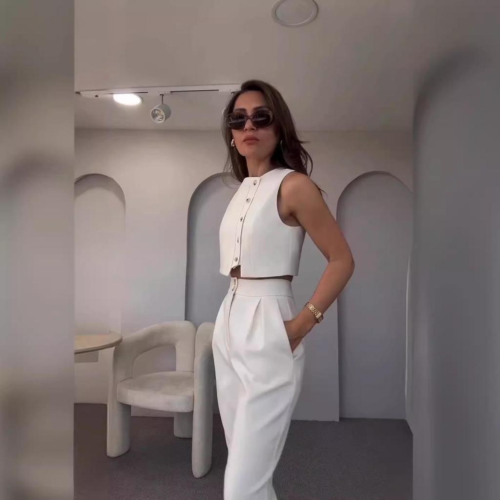 Europäische & Amerikanische Damenmode 2024 Frühling/Sommer Ärmelloses Top & Hochtaillierte Cropped-Hose Set