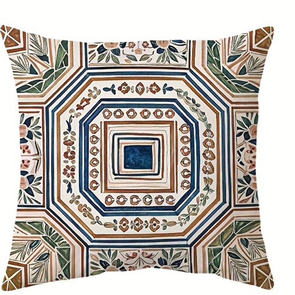 Retro Tile - Inspired Floral Pillow CoversLiving Room Sofa Cushion Cover, Soft and Comfortable, Bedroom Room Decoration