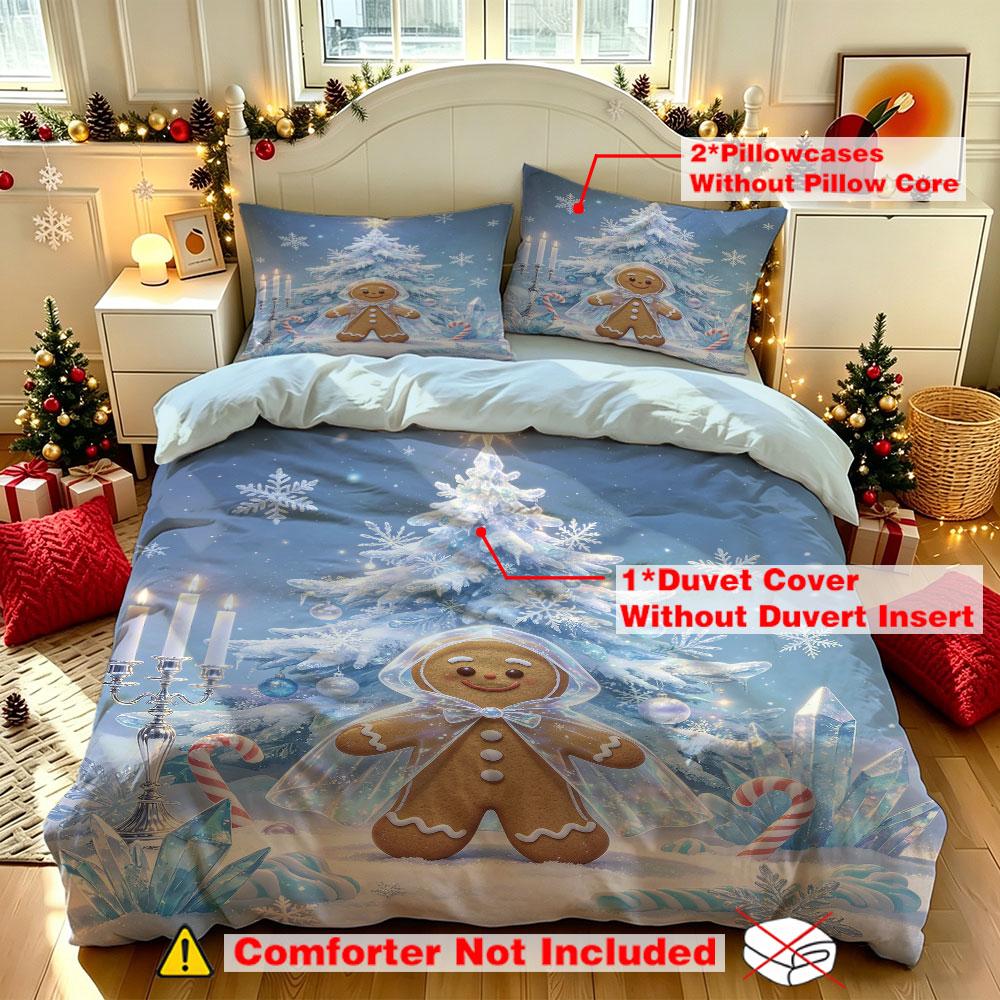 Christmas Duvet Cover Set 3Pcs Cute Gingerbread Man Xmas Tree Snow Print Soft Microfiber Bedding Pillowcases