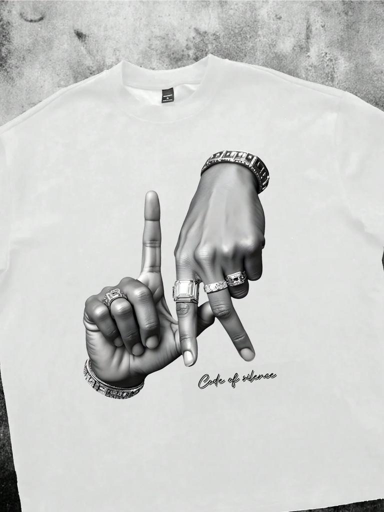 Summer Men's 100% Pure Cotton Street T-shirt, Los Angeles Handprint T-shirt, Urban Fashion Loose and Breathable Short-sleeved