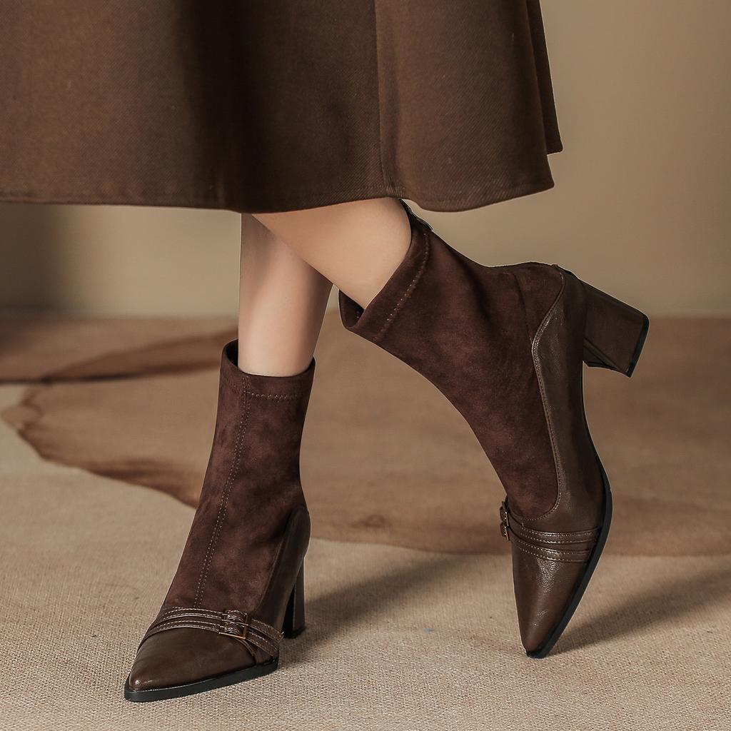 Autumn and winter new French retro short boots women's thick heel pointed head Chelsea buckle women's winter boots elastic boots